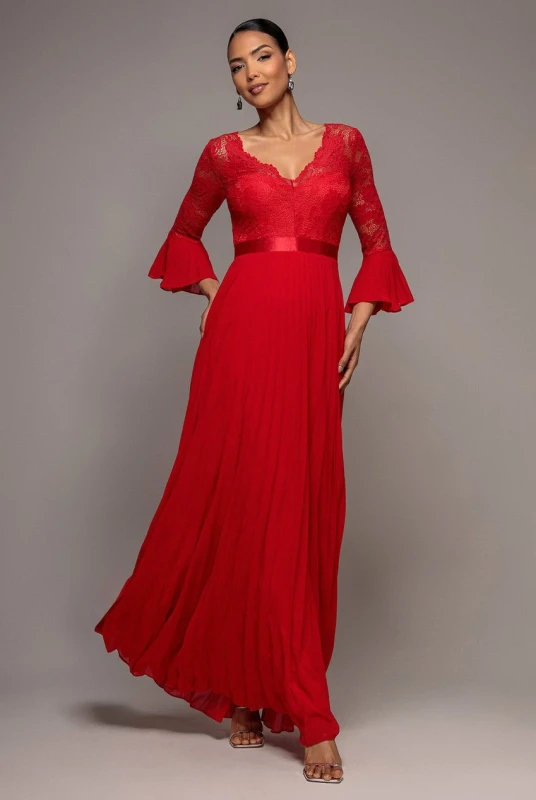 Image of Goddiva Womens Scalloped Lace Bodice Pleated Chiffon A Line Maxi Dress in Red Size: 8 Red Female 8