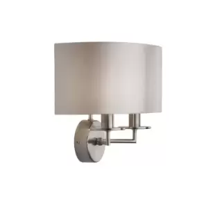 image of Knightsbridge 2 Light Satin Silver Wall Light with Silver Faux Silk Shade