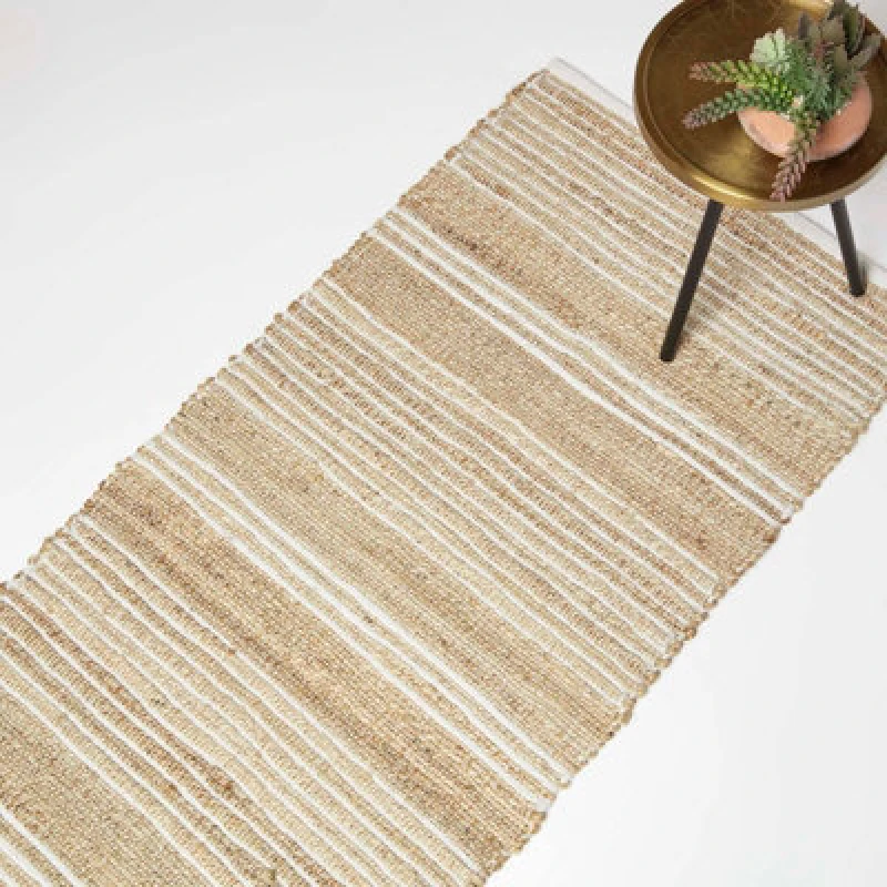 Image of Homescapes Arlyn Natural Striped Handwoven Jute Hallway Runner Rug, 66 X 200 Cm