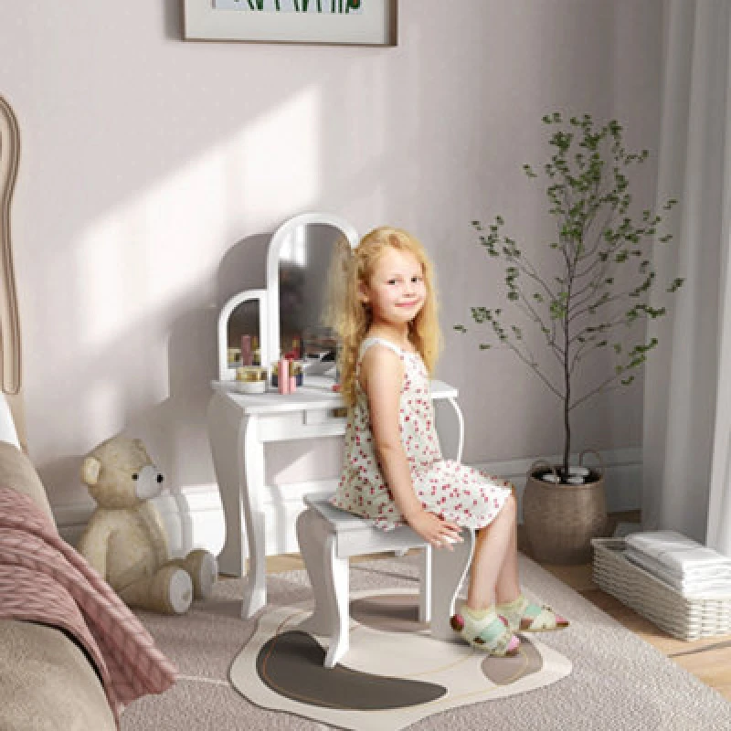 Image of Homcom Kids Dressing Table Set Kids Vanity Set W/ Drawer, Mirror - White
