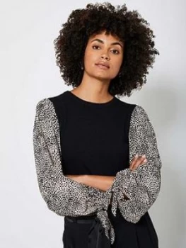 image of Mint Velvet Print Sleeve Easy Jumper - Black