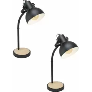 Image of 2 pack Curved Table Lamp Desk Light Black Steel Shade & Wood Base 1x 28W E27