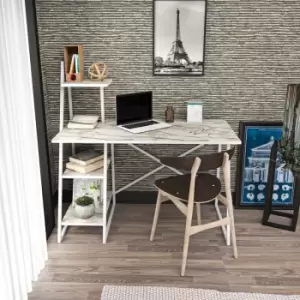 Image of Admira Modern Metal Frame Computer Desk With Shelving Storage -White Marble Pattern And White - Decorotika