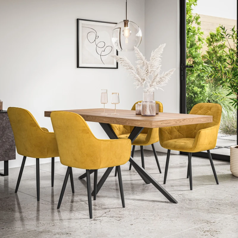 Image of More4Homes Donni Dining Table And Chairs - Oak Effect Table Top W Black Legs + Anika Velvet Dining Chair Set Of 4 (Mustard)