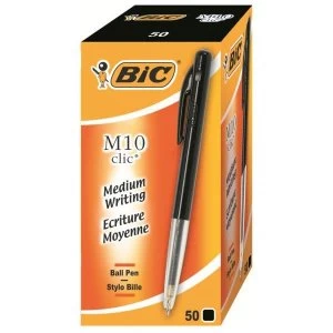 image of Bic M10 Clic Retractable Ballpoint Pen 1.0mm Tip 0.4mm Line Black Pack of 50