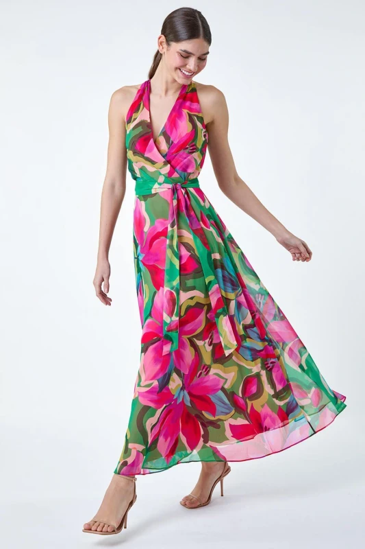 Image of Roman Womens Floral Print Halterneck Maxi Dress in Cerise Size: 16 Cerise Female 16