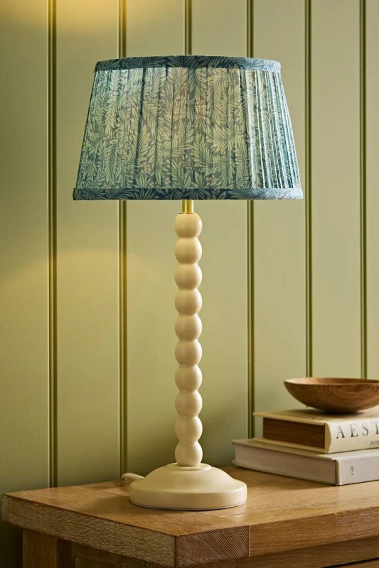 Image of ValueLights Bobbin Leaf Printed Pleated Shade Cream Bobble Table Lamp in Mid Blue Mid Blue Unisex