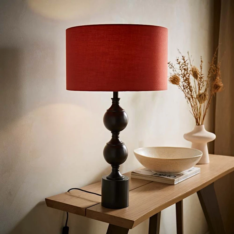 Image of ValueLights ValueLights Declan Candlestick Metal Ball Table Lamp with Fabric Drum Lamp Shade in Light Red Light Red One Size Unisex 5059406067976