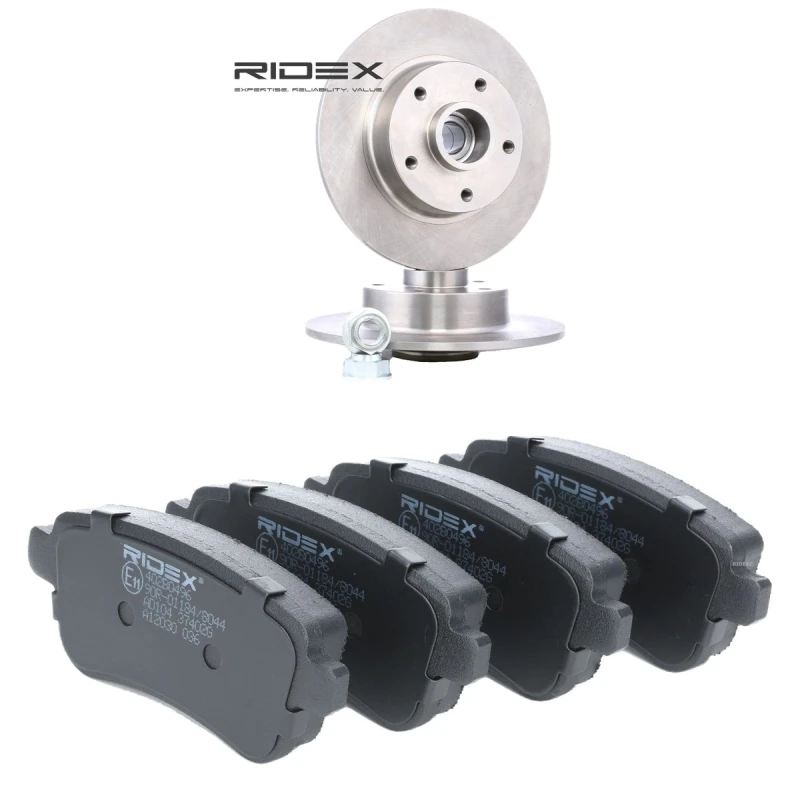 Image of RIDEX 3405B1843 Brake disc and pads set Rear Axle, Brake Disc Type: Solid, not prepared for wear warning indicator, without integrated magnetic sensor
