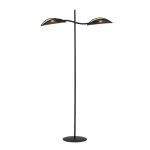 Image of Lotus Black Multi Arm Floor Lamp with Black, Gold Fabric Shades, 2x E14
