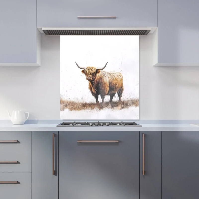 Image of Warren Reed - Designer Highland Cow Watercolour Kitchen Splashback in Brown Size: 700mm x 650mm Brown Unisex 700mm x 650mm