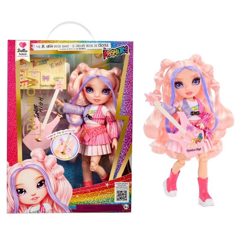 Image of Rainbow High Junior High Rock Band - Bella Pink - 23cm Modepuppe mit Bassgitarre Individuell mit Aufklebern Gestaltbar Beweglich Sußes Spielzeug