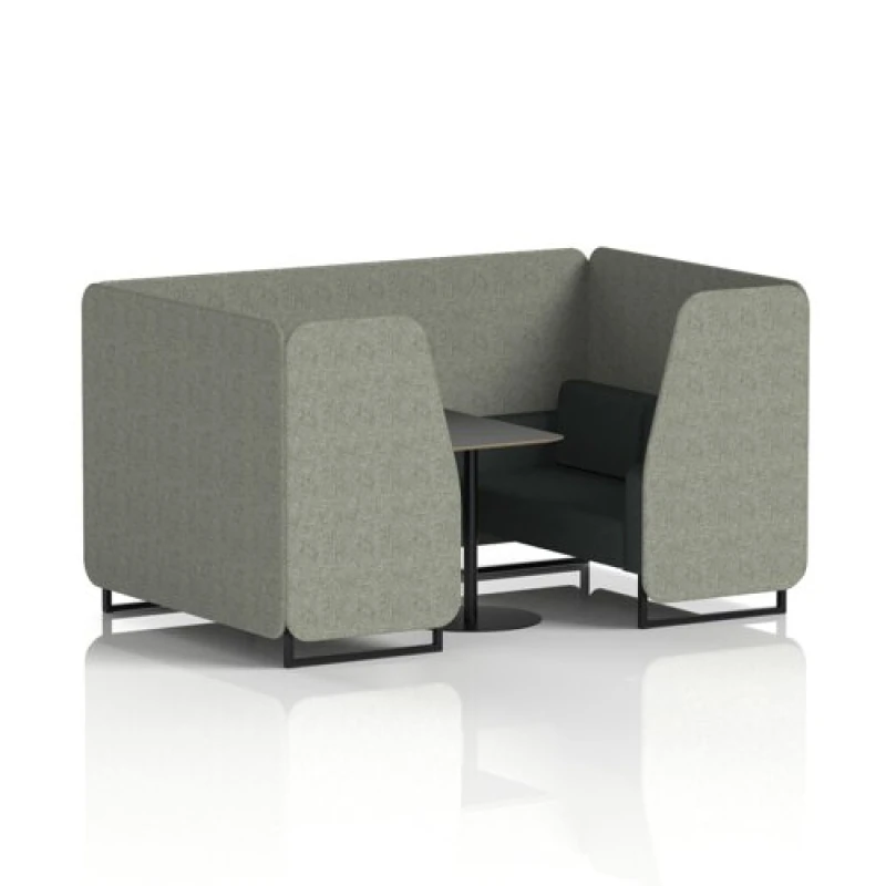 Image of Brixworth 4 Seater Office Booth with Front Panel - Black Legs and Black Table with Black Leg in Rivet Fabric - Vitreous Panels and Charcoal Sofa