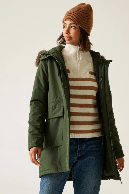 Image of Regatta Womens Sabinka Hooded Waterproof Longline Insulated Jacket in Green Size: 20 Green Female 20