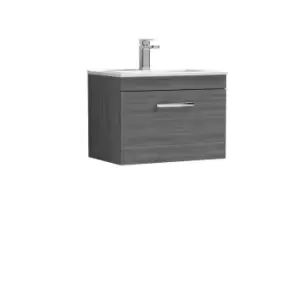 image of Nuie Athena 600 Wall Hung Single Drawer Vanity & Minimalist Basin - Grey Woodgrain