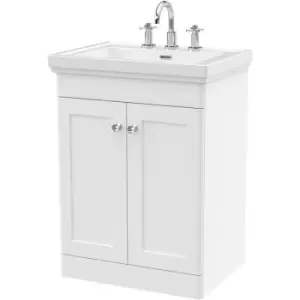 image of Nuie Classique Floor Standing 2-Door Vanity Unit with Basin 600mm Wide Satin White - 3 Tap Hole