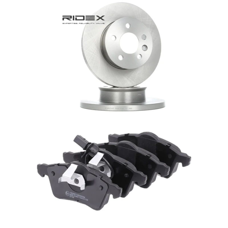 Image of RIDEX 3405B2125 Brake disc and pads set Front Axle, Brake Disc Type: Solid, incl. wear warning contact Brake Set,disc brakes (3405)