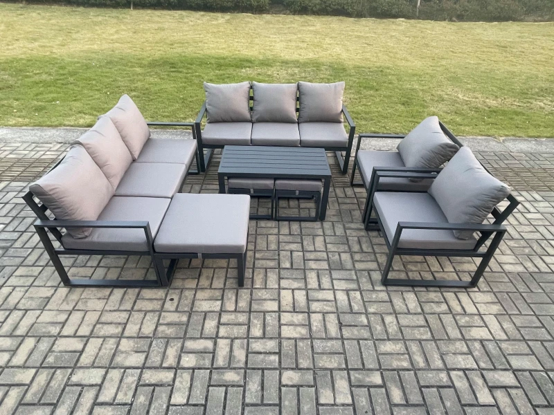 Image of Fimous Aluminium Outdoor Garden Furniture Lounge Sofa 2 PC Chairs Oblong Coffee Table Sets with 3 Footstools Dark Grey Dark Grey Unisex