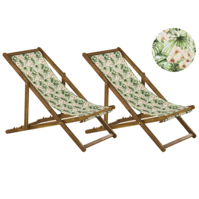 Image of BELIANI Set of 2 Folding Deck Chairs ANZIO with Replacement Fabrics Floral Motif Acacia Wood Light Brown 311355