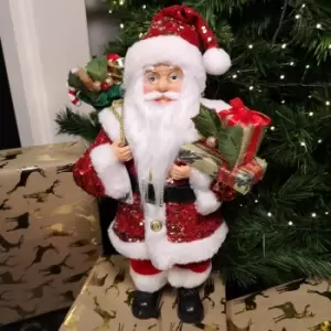 Image of 40cm Luxury Traditional Standing Red Sequin Santa with Sack Christmas Decoration