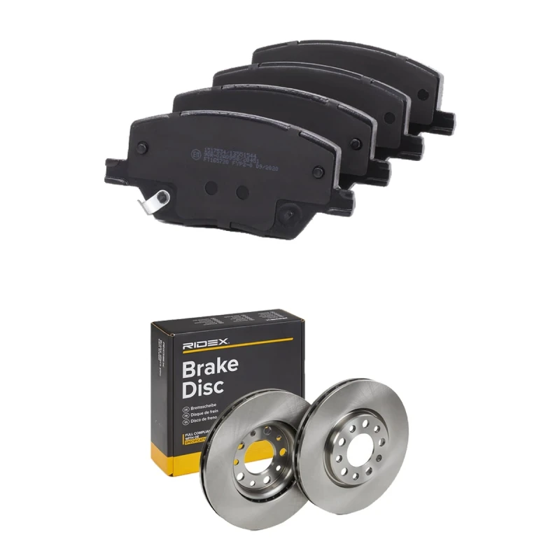 Image of RIDEX 3405B2673 Brake disc and pads set Front Axle, Brake Disc Type: internally vented, with acoustic wear warning Brake Set,disc brakes (3405)
