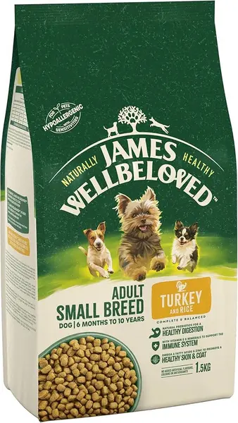 image of James Wellbeloved Small Breed Adult Turkey and Rice Dry Dog Food 1.5kg