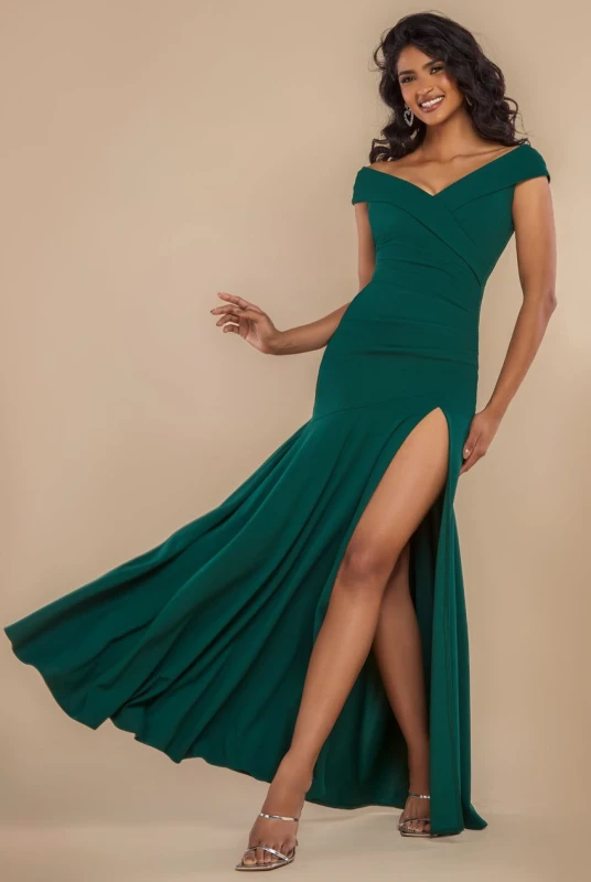 Image of Goddiva Womens Scuba Crepe Off-Shoulder Front Split Maxi Dress in Emerald Size: 8 Emerald Female 8