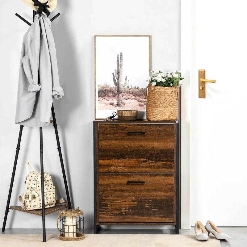 Image of HOMCOM 2 Flip Door Shoe Cabinet With Divider - Brown 837-275V00DR